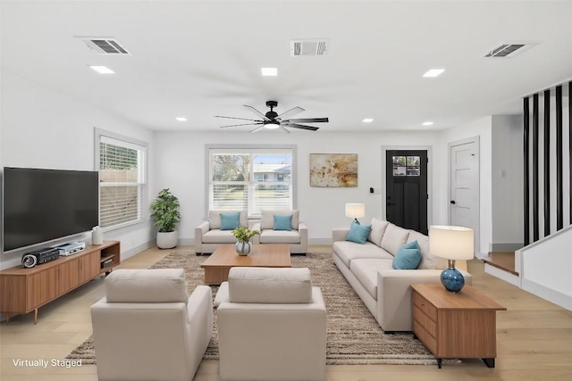500 Arbor Ln, Austin, TX 78745 - living room featuring recessed lighting, ceiling fan, baseboards, and light wood-style floors