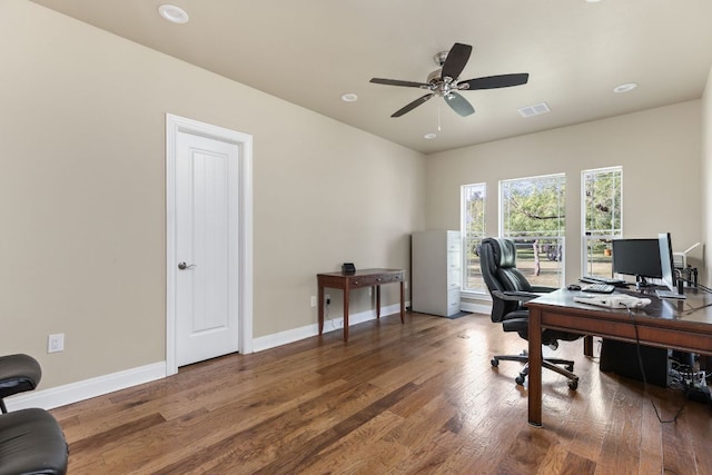 137 Lone Cypress Cv, Driftwood, TX 78619 - office space featuring wood finished floors, a ceiling fan, and recessed lighting