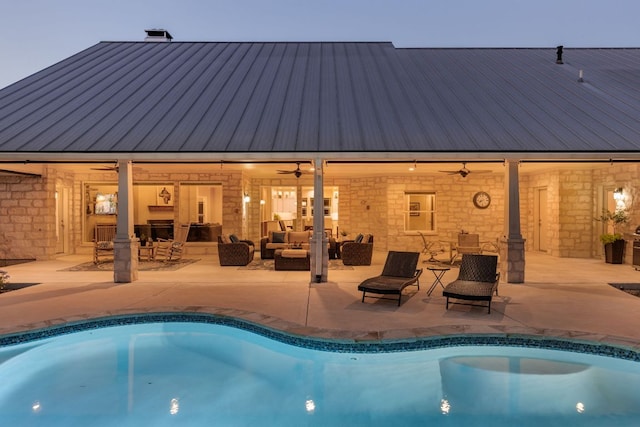 137 Lone Cypress Cv, Driftwood, TX 78619 - outdoor pool featuring ceiling fan, an outdoor hangout area, and a patio