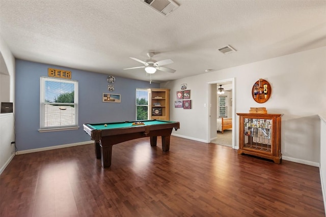 11113 Harvest Time Dr, Austin, TX 78754 - game room with ceiling fan, healthy amount of natural light, wood finished floors, pool table, and a textured ceiling