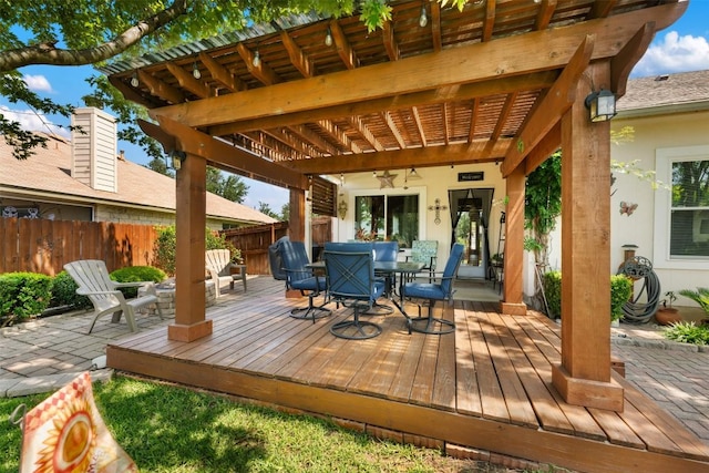 11113 Harvest Time Dr, Austin, TX 78754 - wooden deck featuring a pergola, outdoor dining space, and a fenced backyard