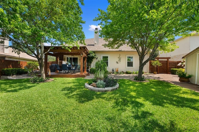 11113 Harvest Time Dr, Austin, TX 78754 - back of house featuring a pergola, stucco siding, a chimney, roof with shingles, and a wooden deck