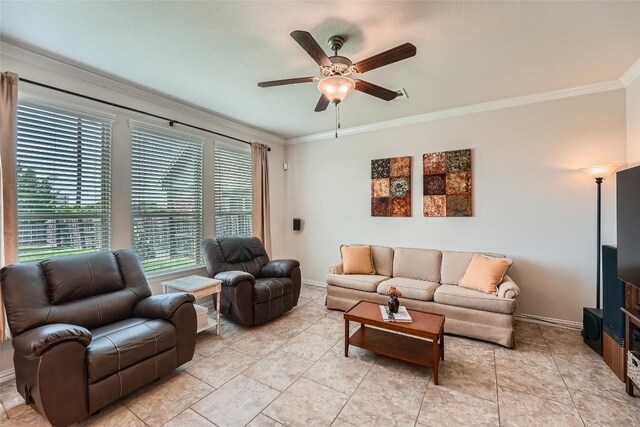 2712 Auburn Chestnut Ln, Pflugerville, TX 78660 - living area featuring crown molding, ceiling fan, baseboards, and light tile patterned floors