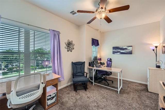 2712 Auburn Chestnut Ln, Pflugerville, TX 78660 - carpeted home office featuring a ceiling fan and baseboards