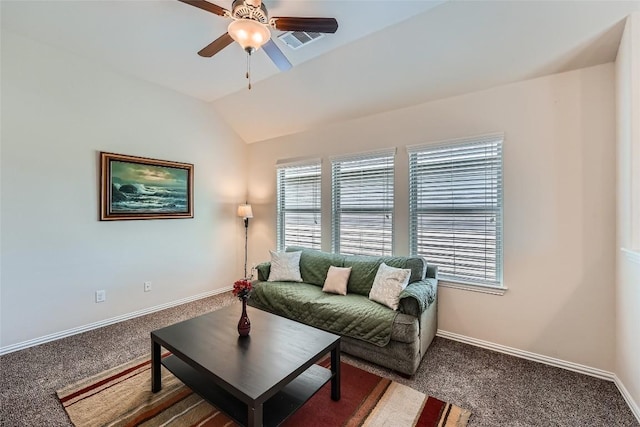 2712 Auburn Chestnut Ln, Pflugerville, TX 78660 - living room featuring healthy amount of natural light, carpet, ceiling fan, and lofted ceiling