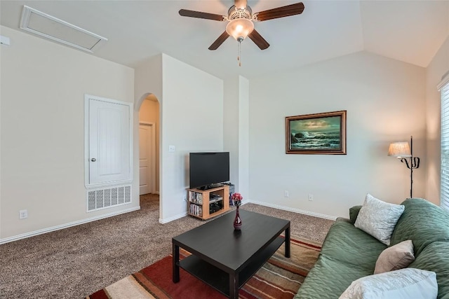 2712 Auburn Chestnut Ln, Pflugerville, TX 78660 - carpeted living area with a ceiling fan, arched walkways, vaulted ceiling, and baseboards
