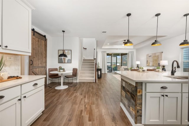 200 Wild Sage Ln, Liberty Hill, TX 78642 - kitchen featuring a sink, wood finished floors, a barn door, light countertops, and white cabinets