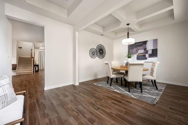 200 Wild Sage Ln, Liberty Hill, TX 78642 - dining room with coffered ceiling, wood finished floors, stairs, baseboards, and beam ceiling