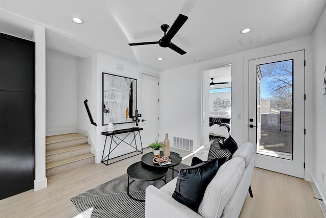 1117 Lawson Ln Unit 2, Austin, TX 78702 - living area with a ceiling fan, light wood-type flooring, recessed lighting, and baseboards