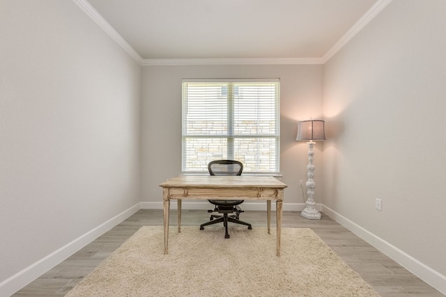 603 Arundel Rd, Austin, TX 78738 - office area featuring baseboards, crown molding, and light wood-style floors