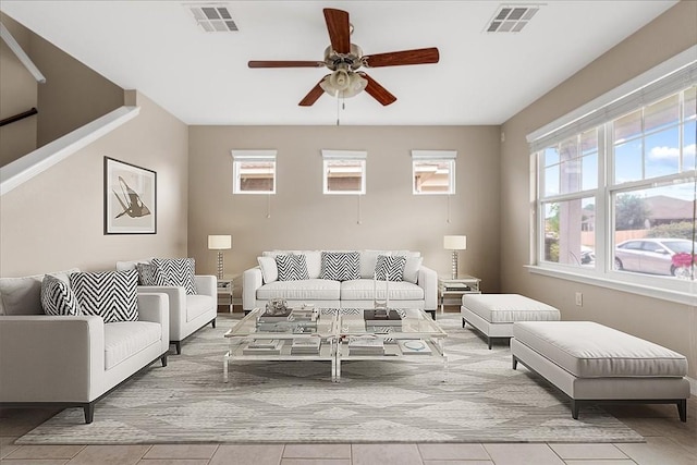 163 Wainscot Oak Way, San Marcos, TX 78666 - tiled living room featuring ceiling fan