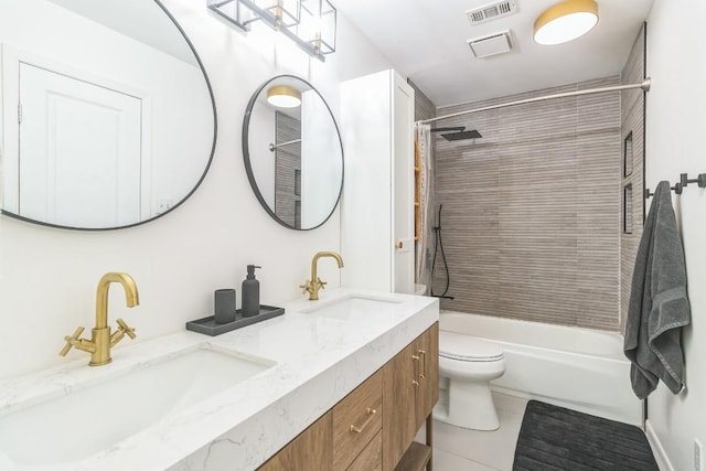 609 Blackberry Dr, Austin, TX 78745 - full bath featuring double vanity, tile patterned flooring, toilet, and shower / bathtub combination with curtain