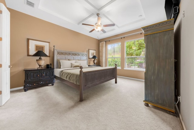 121 Cartwheel Bnd Unit 42, Austin, TX 78738 - bedroom with light colored carpet, coffered ceiling, and a ceiling fan