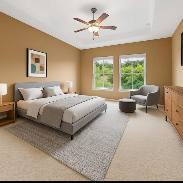 121 Cartwheel Bnd Unit 42, Austin, TX 78738 - bedroom featuring light carpet, a tray ceiling, and ceiling fan