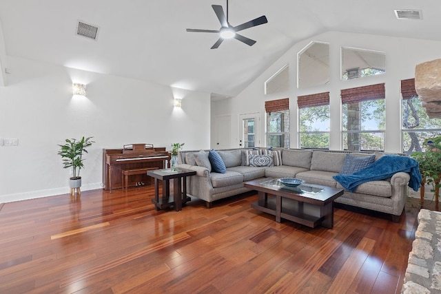 820 Morgan Hill Dr, Dripping Springs, TX 78620 - living room featuring high vaulted ceiling, a ceiling fan, hardwood / wood-style floors, and baseboards