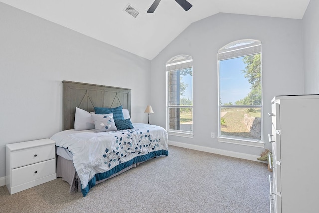 820 Morgan Hill Dr, Dripping Springs, TX 78620 - bedroom featuring vaulted ceiling, multiple windows, carpet, baseboards, and a ceiling fan