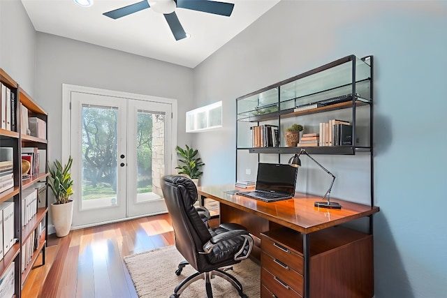 820 Morgan Hill Dr, Dripping Springs, TX 78620 - home office featuring french doors, wood finished floors, and a ceiling fan