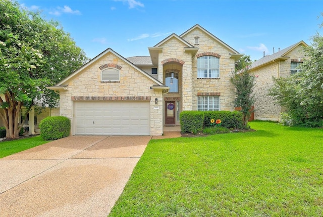 2021 Kimbrook Dr, Round Rock, TX 78681 - french country style house featuring stone siding, a front lawn, concrete driveway, and a garage