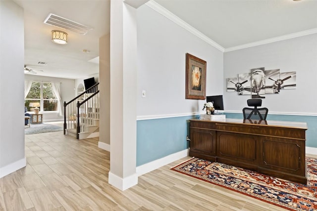 2021 Kimbrook Dr, Round Rock, TX 78681 - office space featuring crown molding, baseboards, a ceiling fan, and light wood finished floors