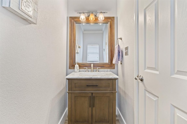 2021 Kimbrook Dr, Round Rock, TX 78681 - bathroom with vanity, crown molding, baseboards, and a textured wall