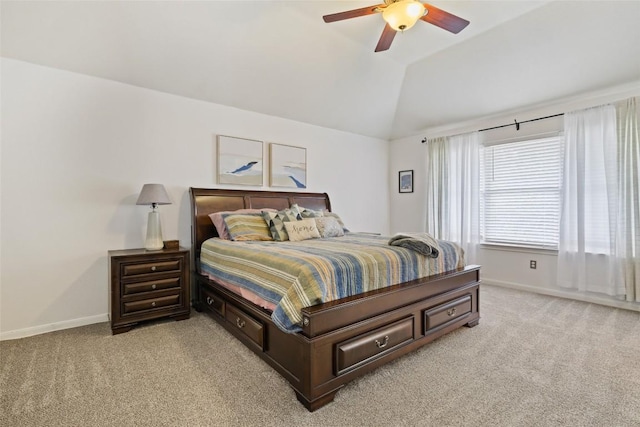 2021 Kimbrook Dr, Round Rock, TX 78681 - bedroom featuring light colored carpet, baseboards, vaulted ceiling, and a ceiling fan