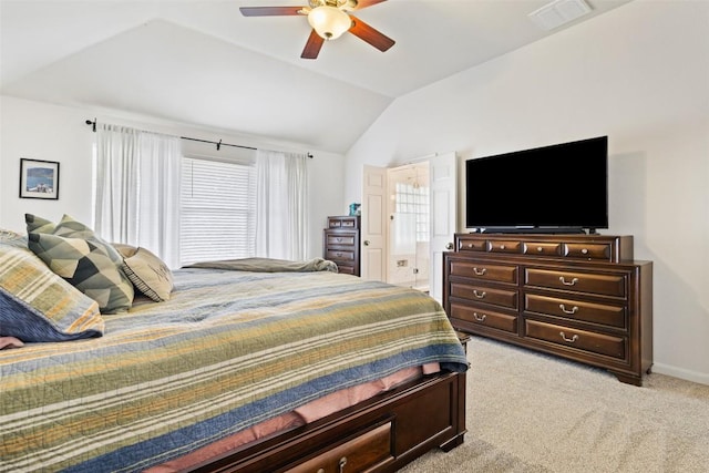 2021 Kimbrook Dr, Round Rock, TX 78681 - bedroom featuring vaulted ceiling, light colored carpet, ensuite bath, baseboards, and ceiling fan