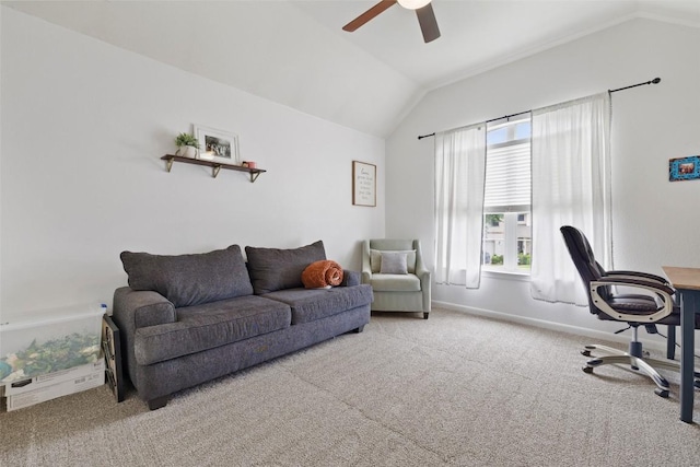 2021 Kimbrook Dr, Round Rock, TX 78681 - carpeted home office with vaulted ceiling, ceiling fan, and baseboards