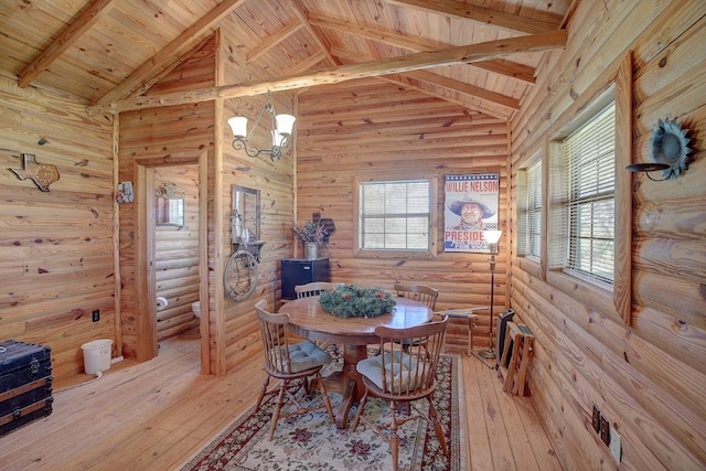 3514 Fm 3509, Burnet, TX 78611 - dining room featuring light wood-style floors, high vaulted ceiling, wooden ceiling with exposed beams, and log walls