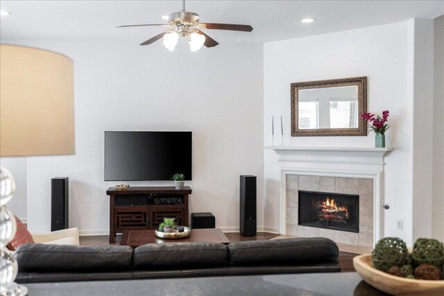 2709 Sun Mountain Dr, Leander, TX 78641 - living area with recessed lighting, a fireplace, ceiling fan, and wood finished floors