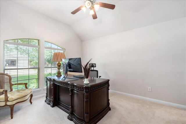 2709 Sun Mountain Dr, Leander, TX 78641 - home office featuring ceiling fan, light carpet, and lofted ceiling