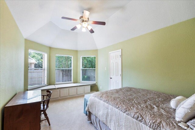 2709 Sun Mountain Dr, Leander, TX 78641 - bedroom with light colored carpet, a textured wall, vaulted ceiling, and ceiling fan