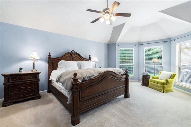 2709 Sun Mountain Dr, Leander, TX 78641 - bedroom featuring carpet flooring, vaulted ceiling, and a ceiling fan