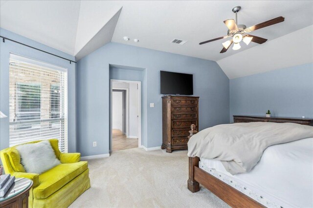2709 Sun Mountain Dr, Leander, TX 78641 - bedroom with lofted ceiling, light colored carpet, and a ceiling fan