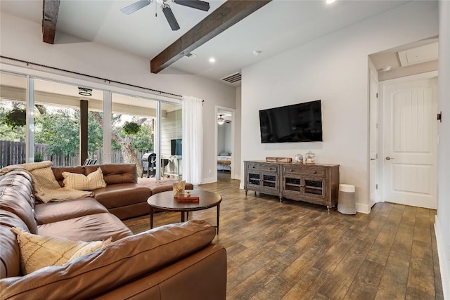 21800 Owens Cv, Lago Vista, TX 78645 - living room featuring beamed ceiling, ceiling fan, dark wood-type flooring, and recessed lighting