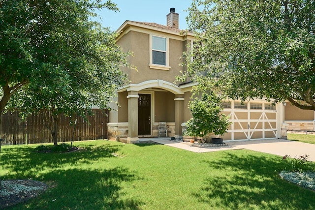 144 Holstein St, Hutto, TX 78634 - view of front facade with stucco siding, a chimney, stone siding, a garage, and driveway
