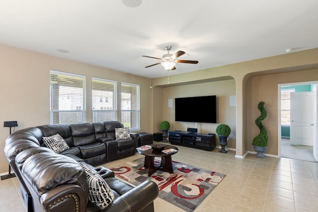 18401 Pencil Cactus Dr, Pflugerville, TX 78660 - living area featuring ceiling fan, plenty of natural light, and light tile patterned floors