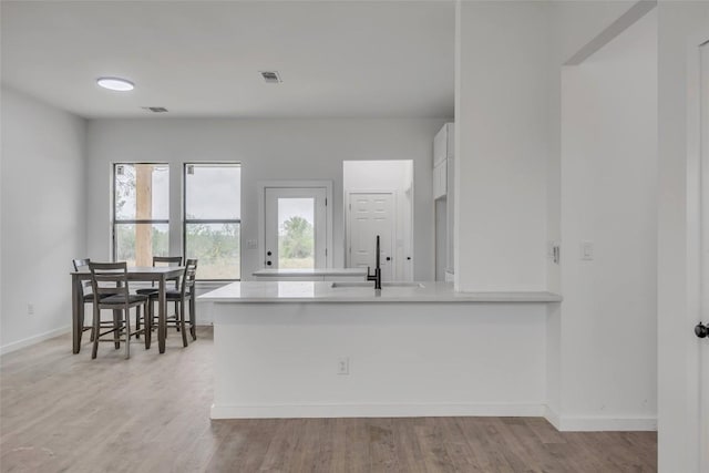 138 Blushing Dr, Cedar Creek, TX 78612 - kitchen with a sink, a peninsula, light countertops, baseboards, and white cabinets