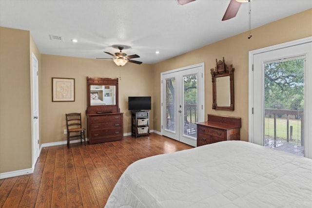 721 Deer Run, Wimberley, TX 78676 - bedroom featuring dark wood finished floors, french doors, access to exterior, multiple windows, and recessed lighting