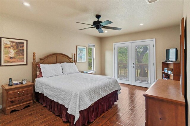 721 Deer Run, Wimberley, TX 78676 - bedroom with french doors, access to exterior, dark wood finished floors, recessed lighting, and a ceiling fan