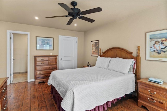 721 Deer Run, Wimberley, TX 78676 - bedroom with dark wood-style flooring, recessed lighting, and a ceiling fan