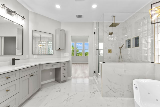 210 Las Colinas Dr, Georgetown, TX 78628 - bathroom featuring a marble finish shower, vanity, a jetted tub, recessed lighting, and marble finish flooring