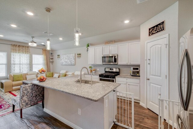 19413 Abigail Fillmore Rd, Manor, TX 78653 - kitchen with appliances with stainless steel finishes, a sink, open floor plan, dark wood-style floors, and recessed lighting