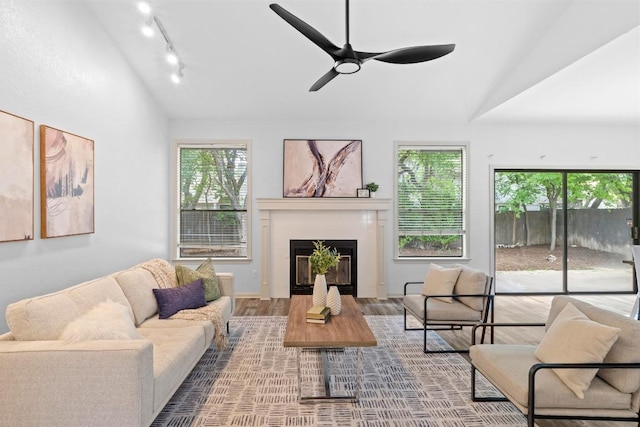 1706 Prairie Hen Cv, Austin, TX 78758 - living area with vaulted ceiling, wood finished floors, a glass covered fireplace, ceiling fan, and rail lighting