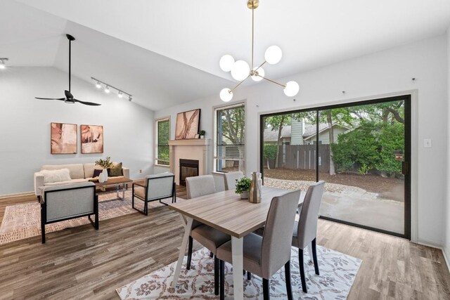 1706 Prairie Hen Cv, Austin, TX 78758 - dining room with vaulted ceiling, a glass covered fireplace, wood finished floors, a chandelier, and track lighting