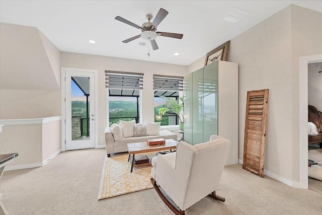 19506 Inverness Dr, Lakeway, TX 78669 - living room featuring light carpet, a ceiling fan, and recessed lighting