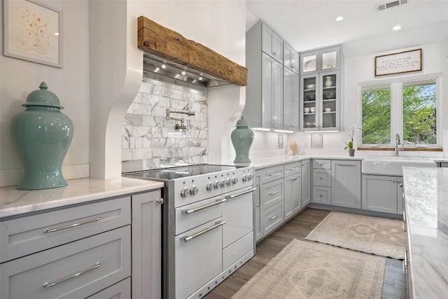 2449 Crosswind Dr, Lakeway, TX 78669 - kitchen featuring a sink, range with electric stovetop, gray cabinetry, backsplash, and recessed lighting