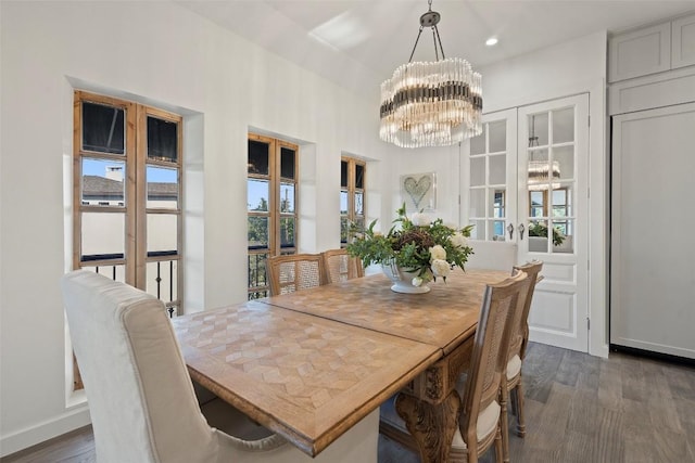2449 Crosswind Dr, Lakeway, TX 78669 - dining area featuring a chandelier, dark wood-style flooring, recessed lighting, and baseboards