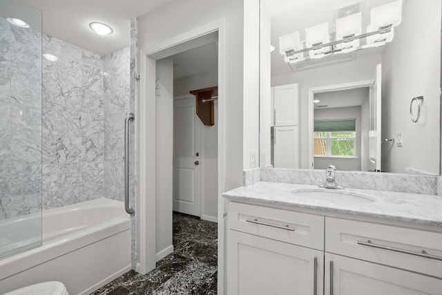 4116 Creek Ledge Unit 108, Austin, TX 78731 - bathroom featuring marble finish floors, vanity, shower / bath combination, baseboards, and toilet