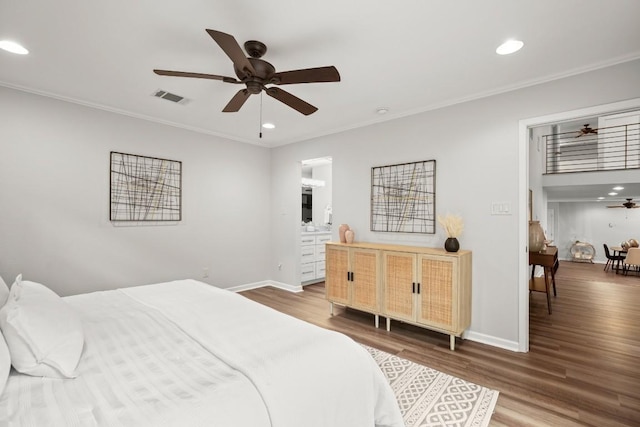 4116 Creek Ledge Unit 108, Austin, TX 78731 - bedroom with recessed lighting, wood finished floors, crown molding, baseboards, and ceiling fan