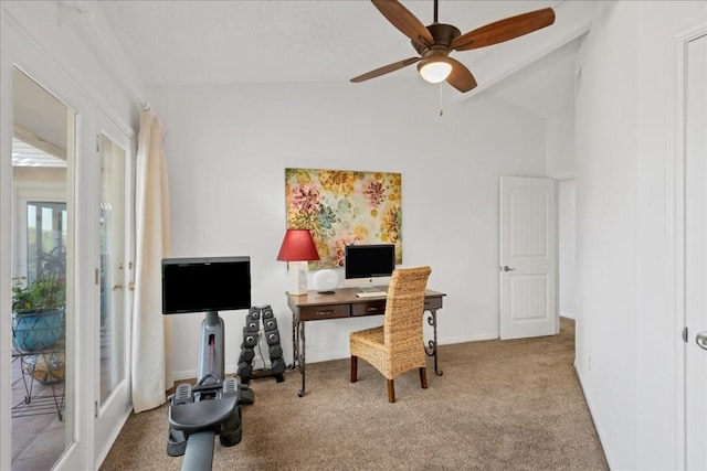922 Challenger, Lakeway, TX 78734 - carpeted office with ceiling fan, vaulted ceiling, and baseboards